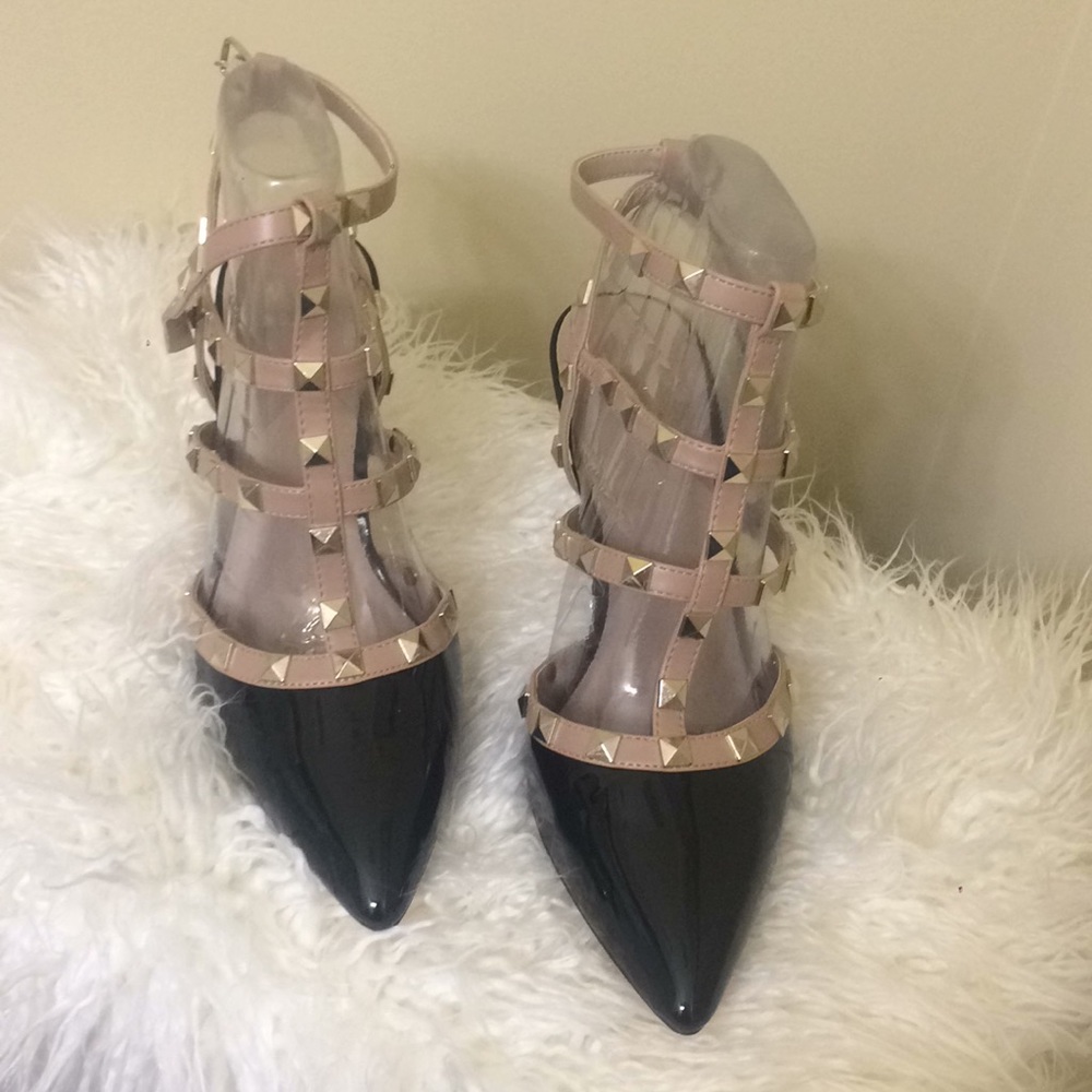 Black/Tan studded shoes ,size 9.5 with3 inch heel